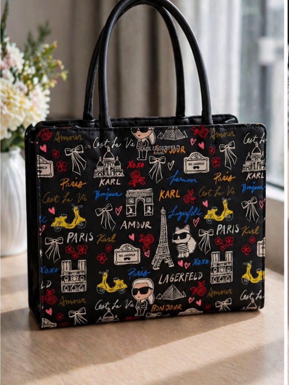 Karl Lagerfeld Black Paris Sketch Tote Bag with Multicolor Artistic Accents